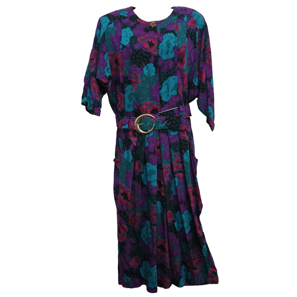 Vtg Womens Dress 14 Midi Maximalist 80s Floral Eclectic Grandma Golden Girl